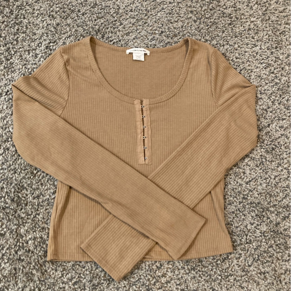 Caution To The Wind Tan Ribbed Long Sleeve Top